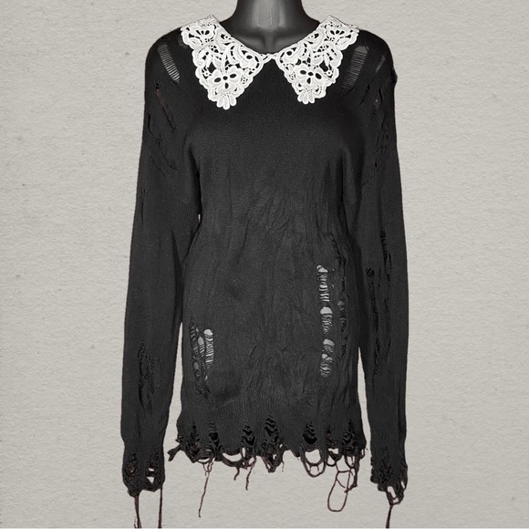 Dolls Kill Sweaters - SOLD: Widow Dolls Kill Black Distressed Sweater Lace Collar S